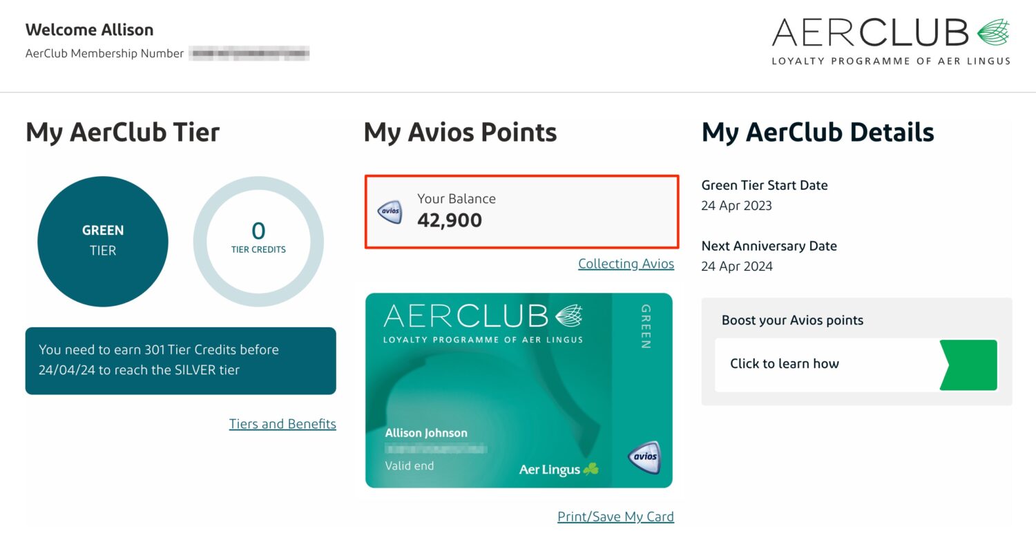 Aer Lingus Avios account