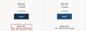 Aeroplan mixed cabin segments