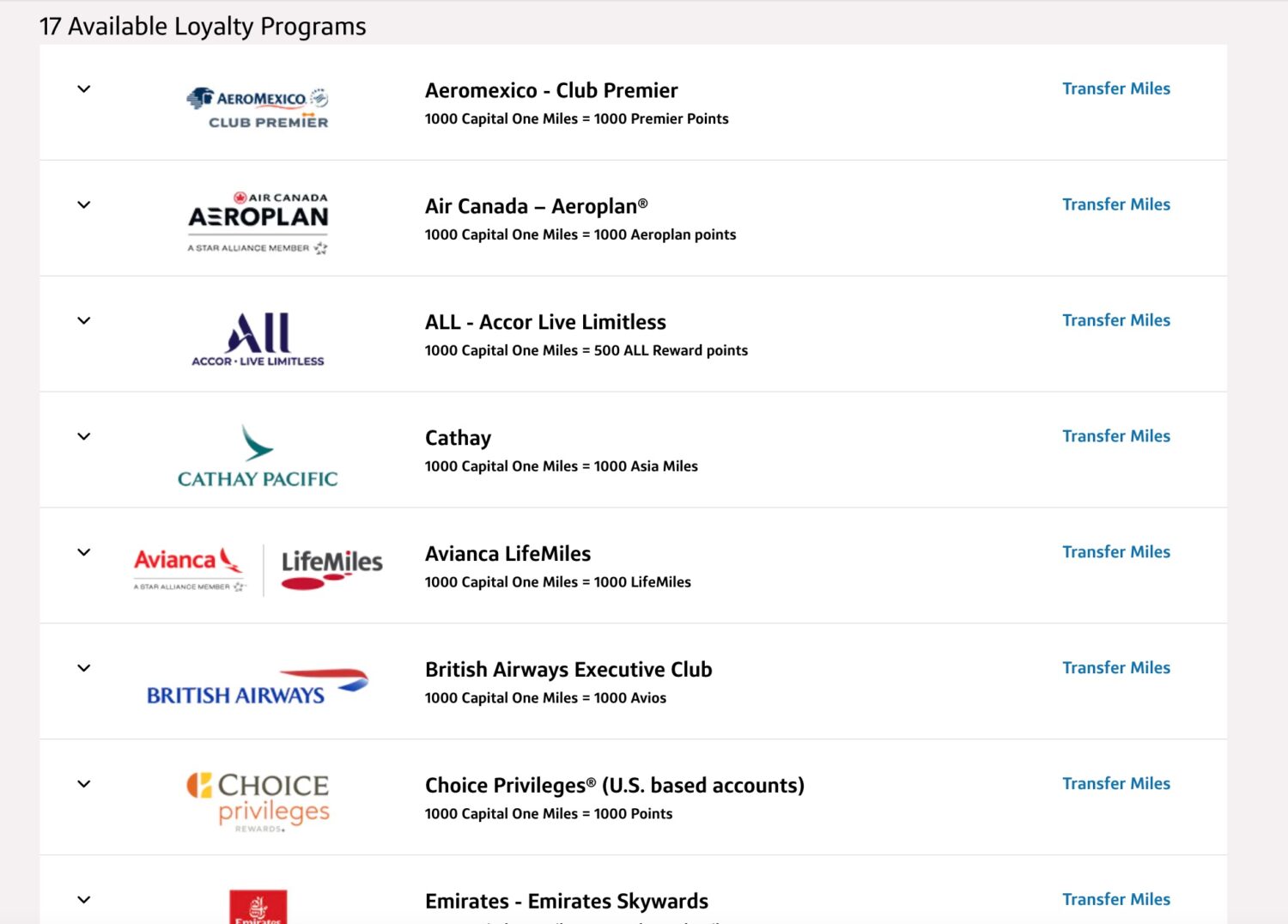 Some of Capital One's transfer partners