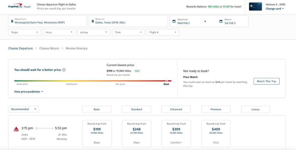 capital one travel portal booking screen