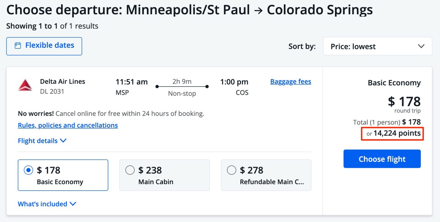 Chase travel portal Minneapolis (MSP) to Colorado Springs (COS) flight