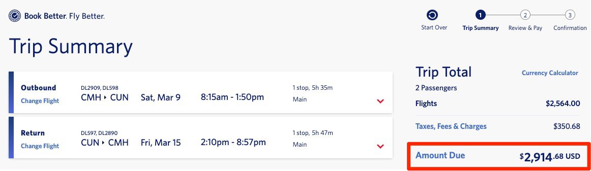 CMH-CUN Delta flights only