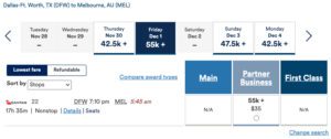 Dallas to Melbourne Qantas business class with Alaska miles