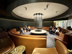 fireplace seating in LAX Qantas lounge