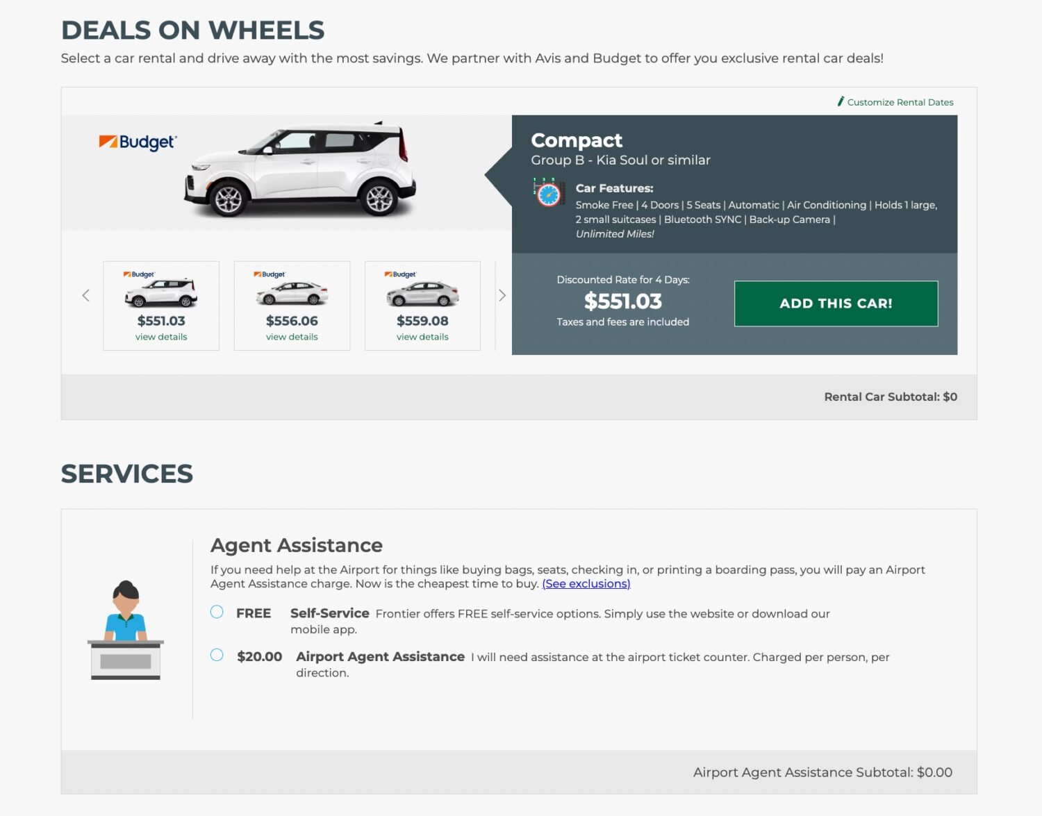 frontier rental cars agent assistance fees