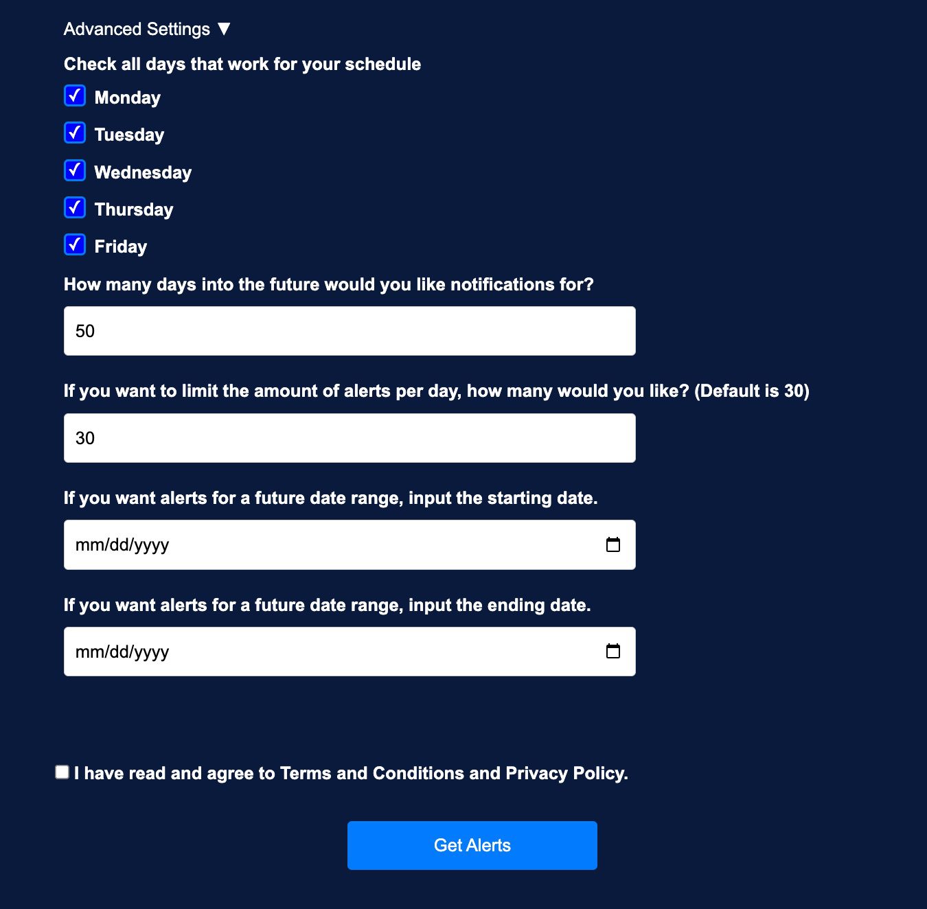 Global Entry Spotter advanced settings page