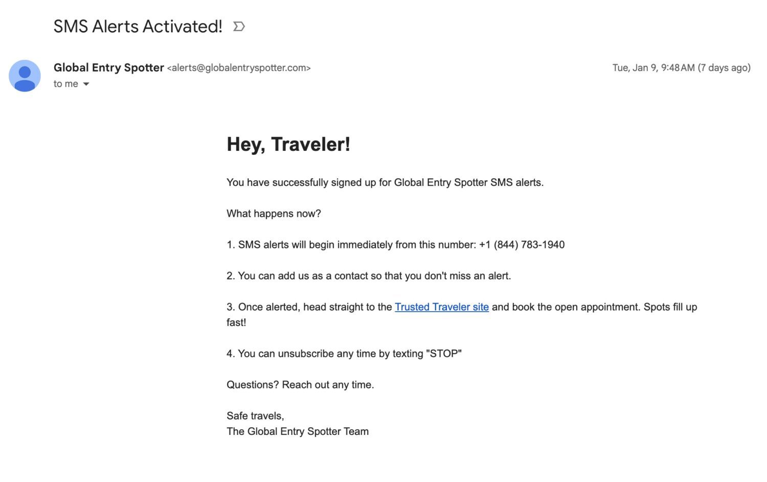 Global Entry Spotter confirmation email