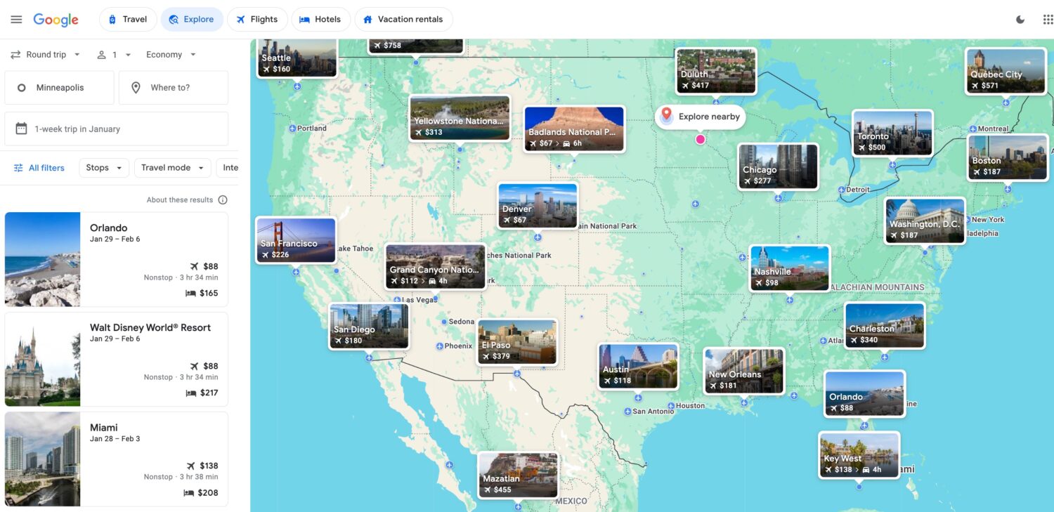 Google Flights Explore search for one-week trip from Minneapolis in January