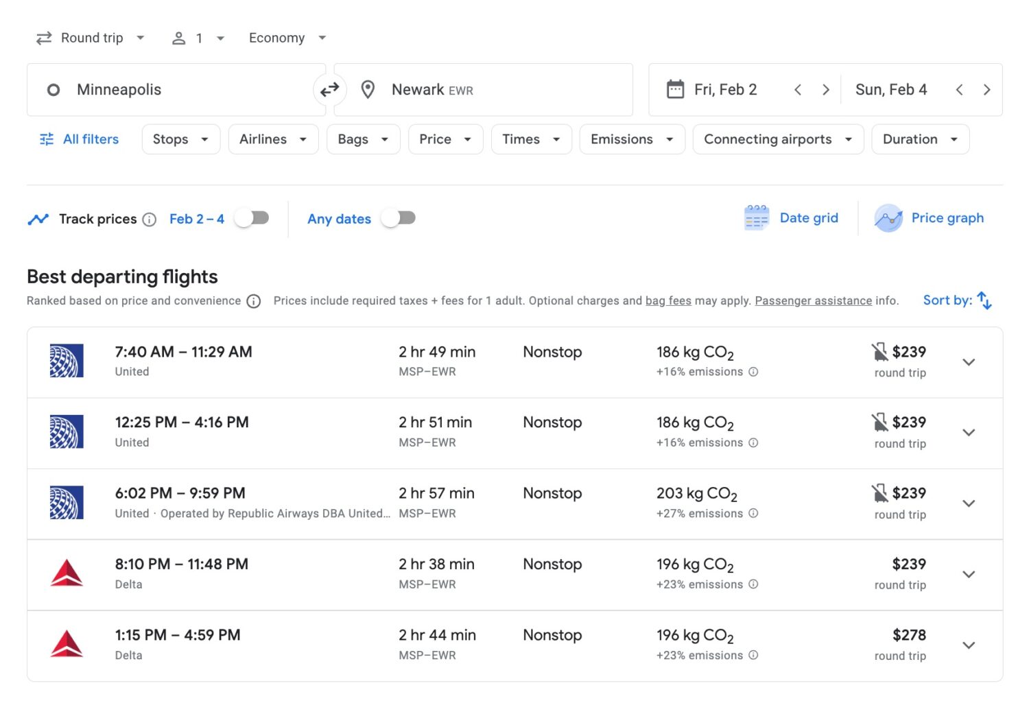 Google Flights search for early February flights from Minneapolis (MSP) to Newark (EWR)