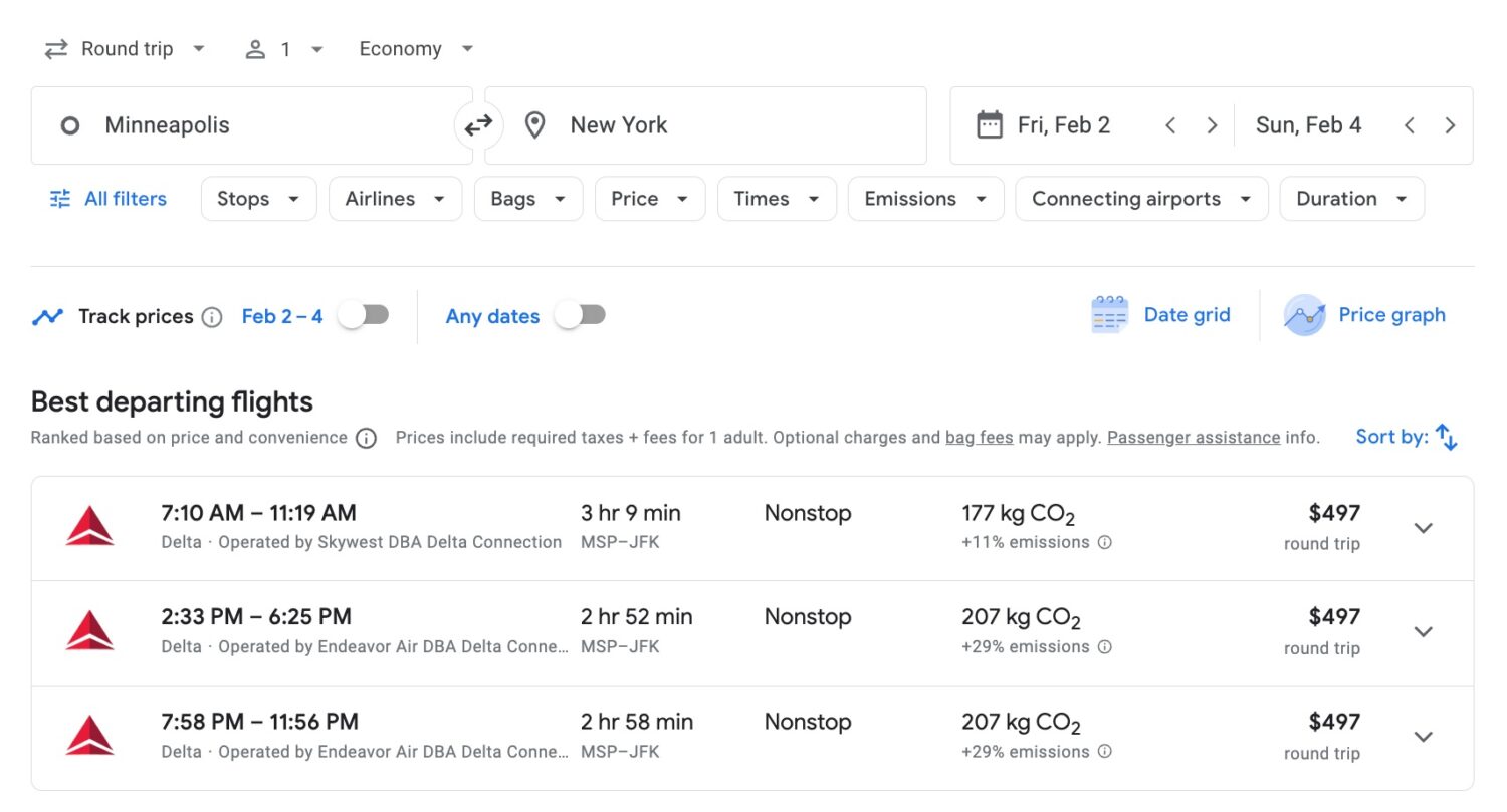 Google Flights search for early February flights from Minneapolis (MSP) to New York (JFK)