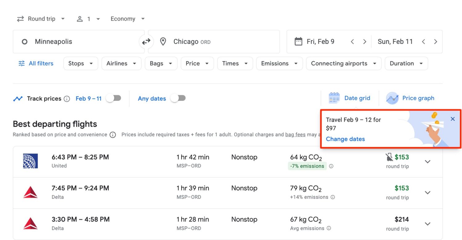 Google Flights search for flights from Minneapolis (MSP) to Chicago (ORD)