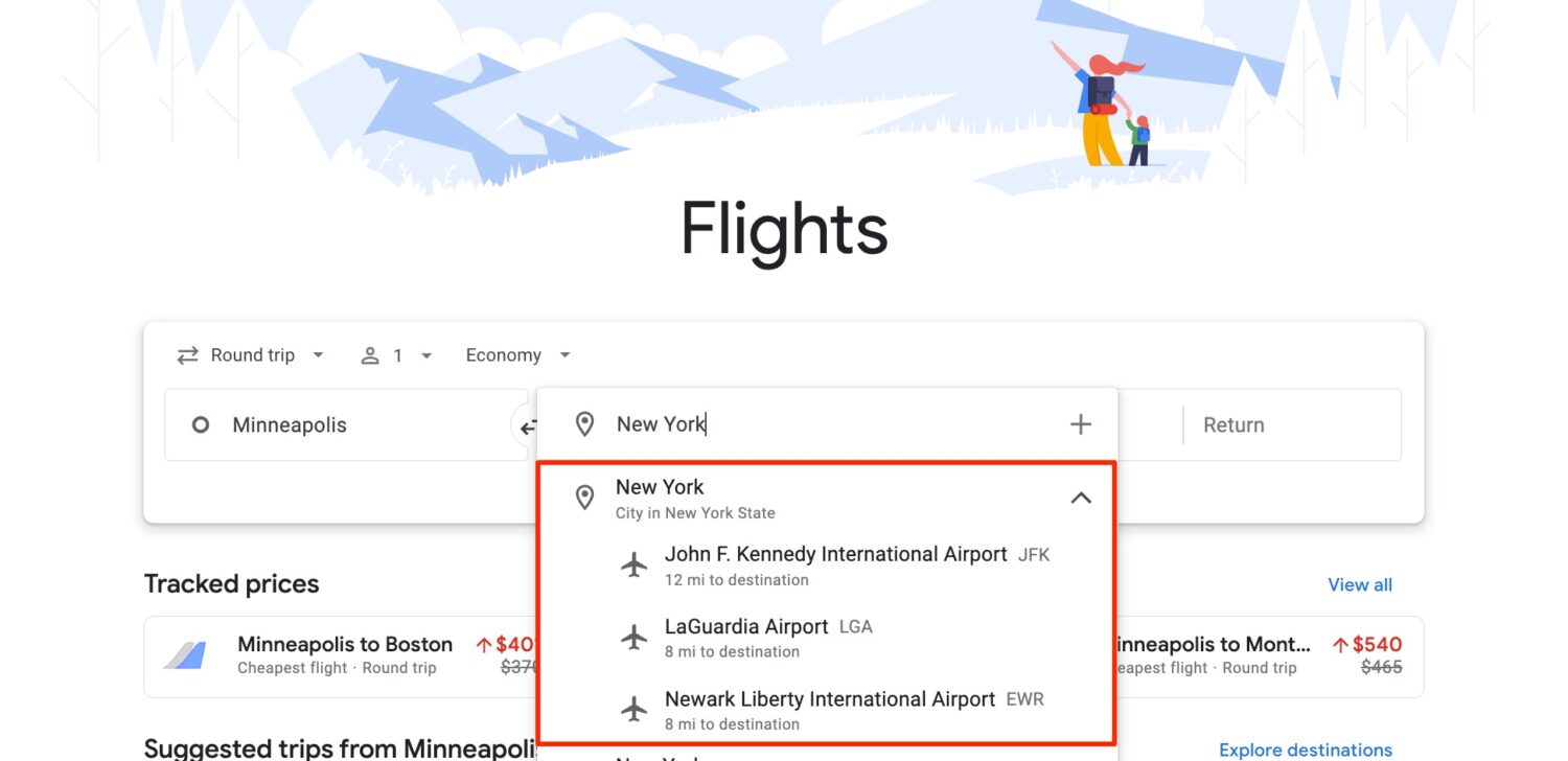 Google Flights search with multiple airports
