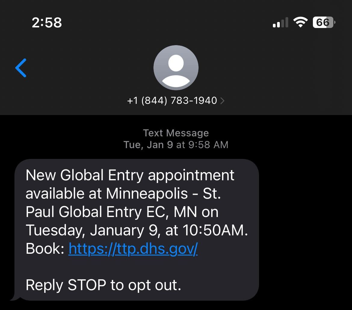 Global Entry Spotter text message alert about an available Global Entry interview appointment