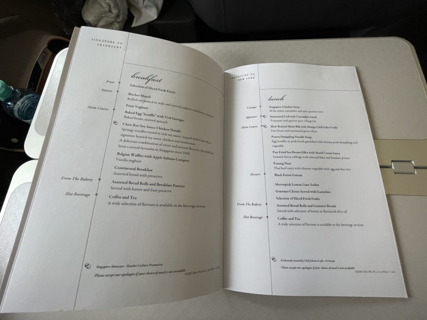 Singapore Airlines Menu