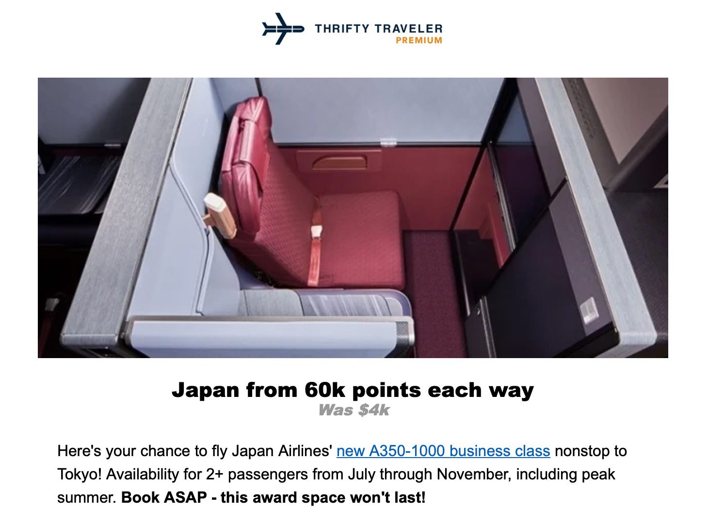 JAL business class Thrifty Traveler Premium alert