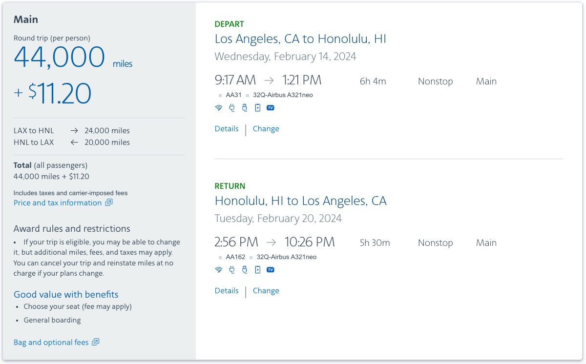 LAX to HNL American Airlines