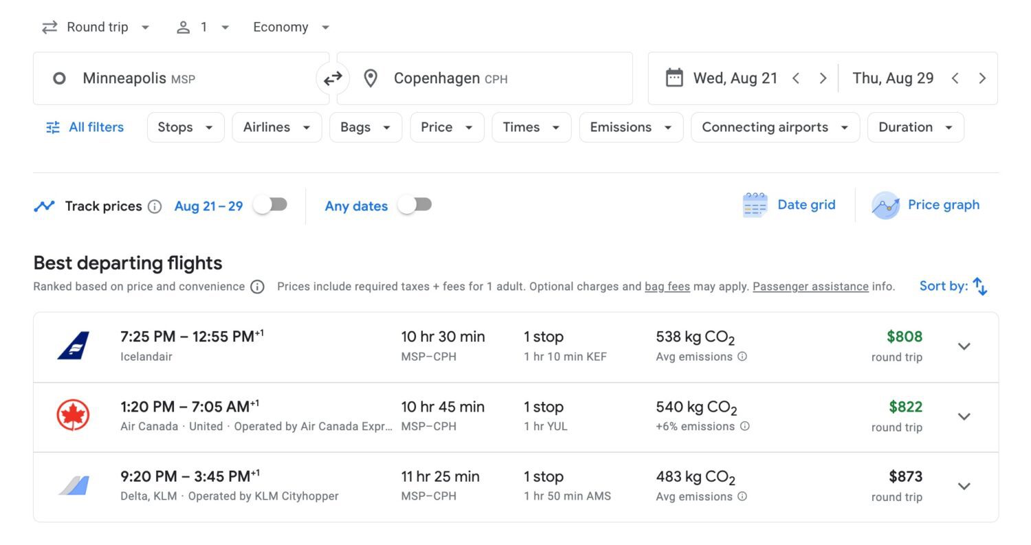 Google Flights search from Minneapolis (MSP) to Copenhagen (CPH)