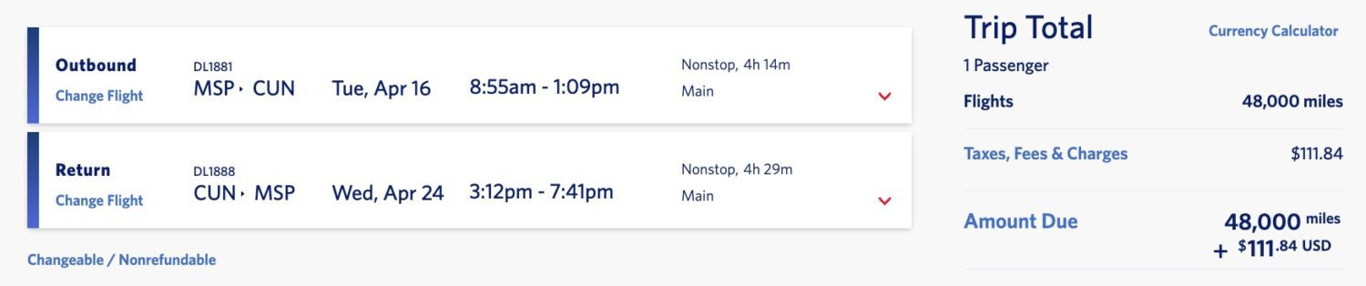 msp to cancun delta skymiles