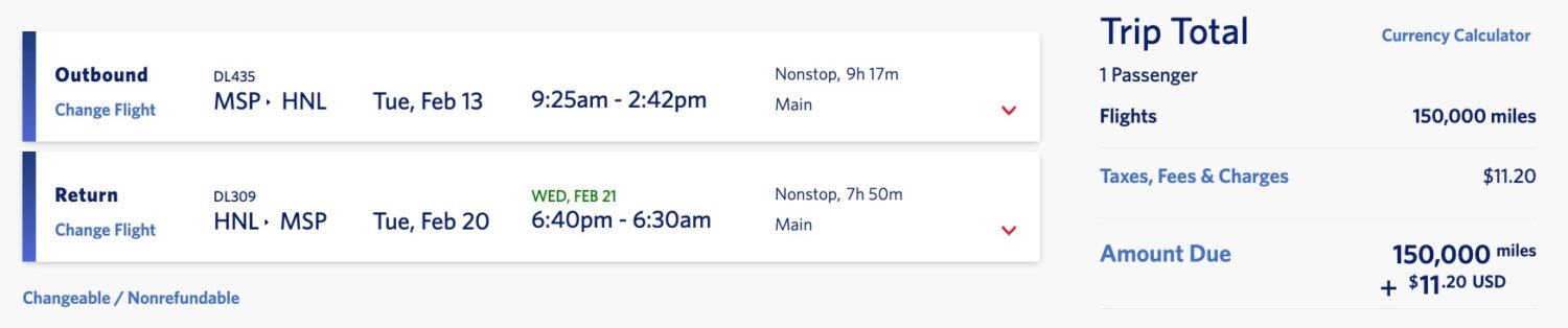 msp to honolulu delta redemption