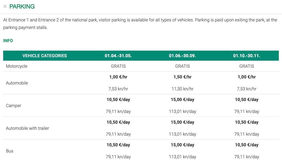 Parking rates Plitvice Lakes