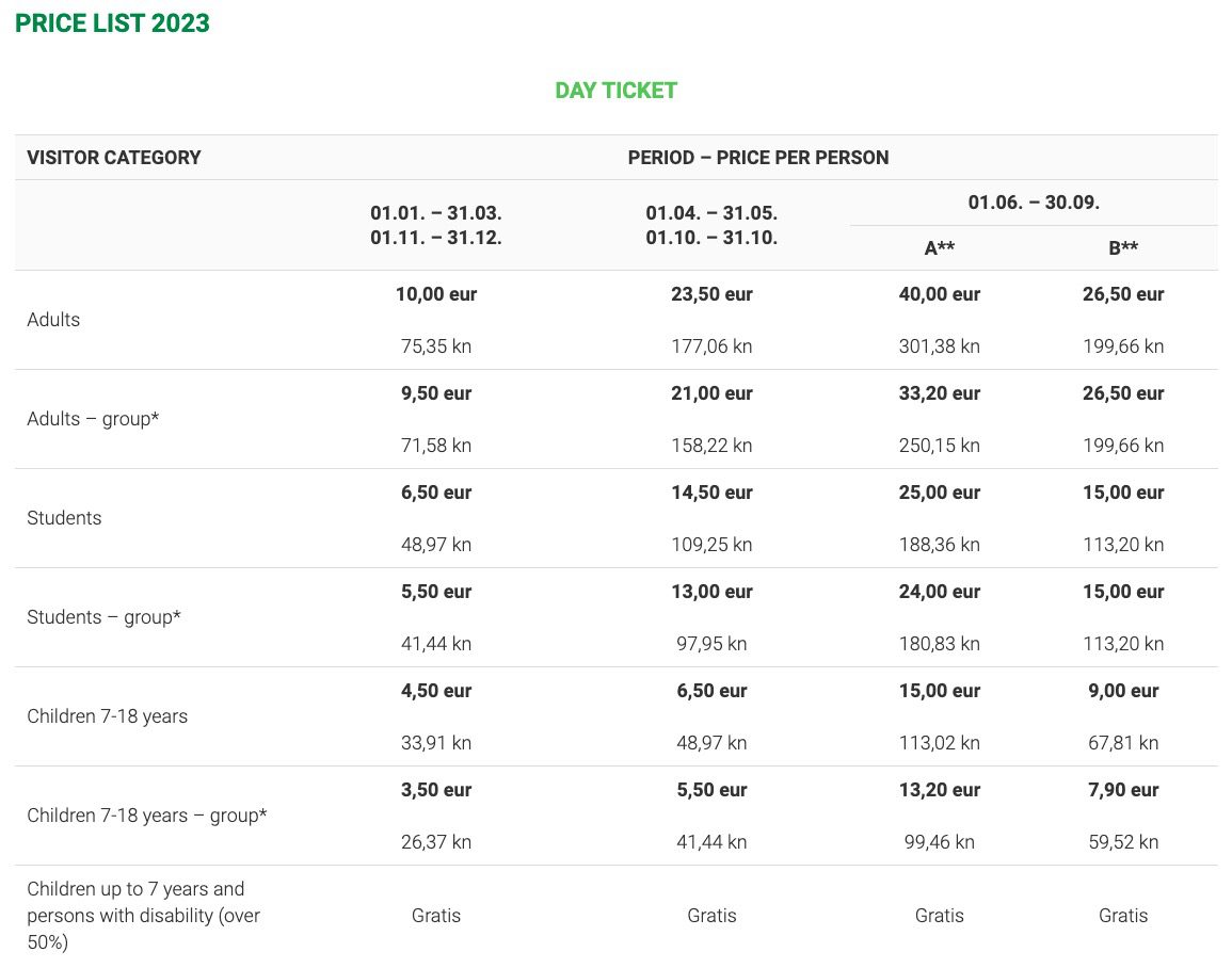 Plitvice Lakes National park prices