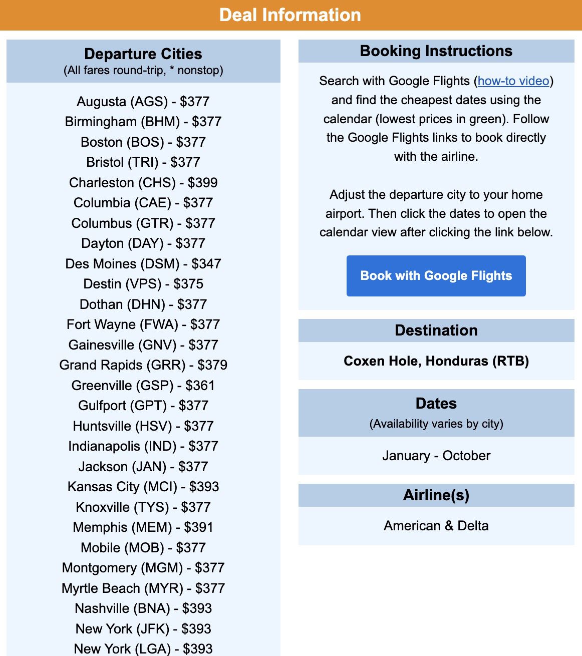 Roatan Honduras flight deal