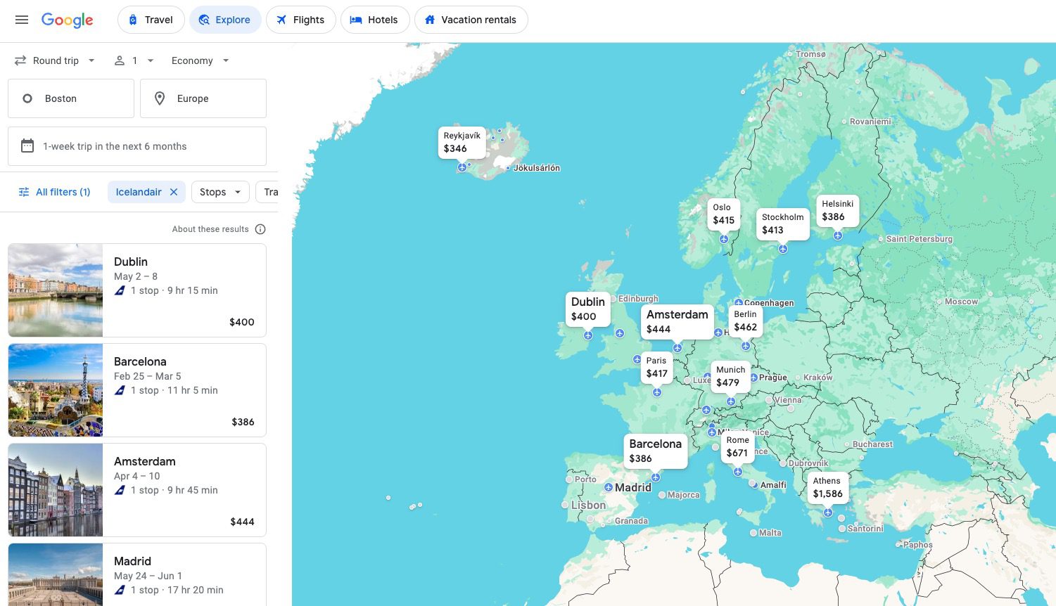 Google Flights explore BOS Icelandair