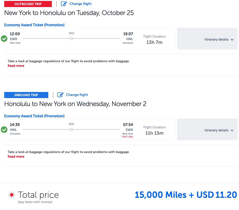 newark to honolulu for 15k Turkish miles roundtrip