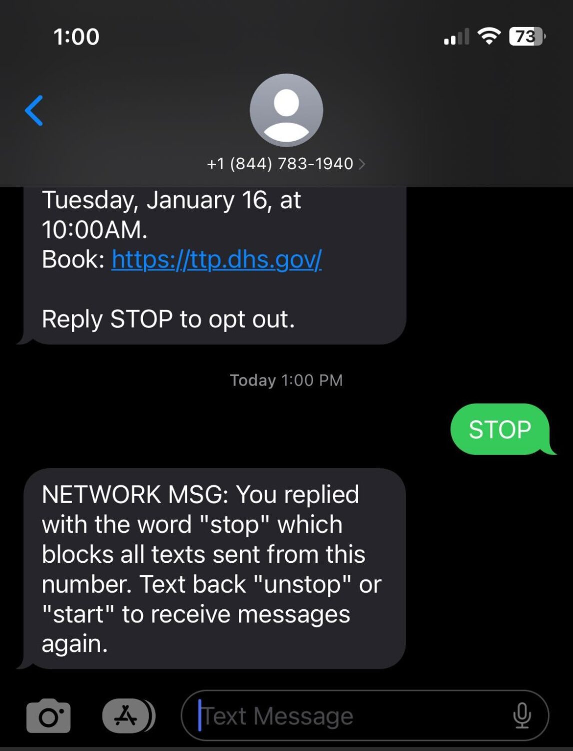 Unsubscribing from Global Entry Spotter text message alerts