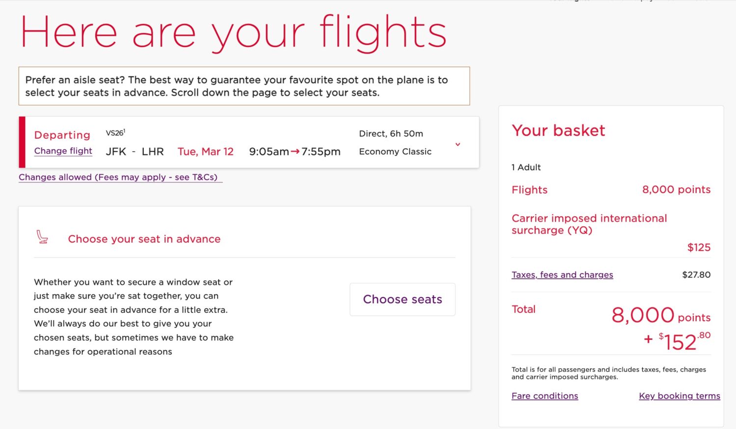 Virgin Atlantic New York (JFK) to London (LHR) award flight with a 20% discount