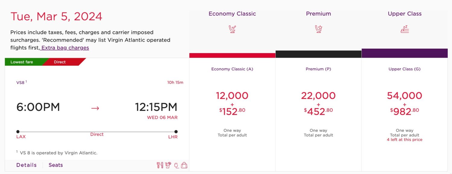 Virgin Atlantic Los Angeles (LAX) to London (LHR) award flight with a 20% discount