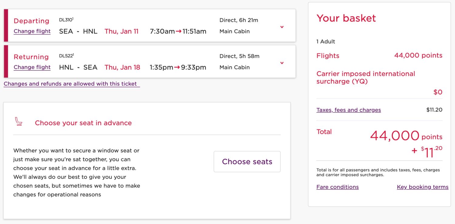 Virgin Calendar for SEA to HNL January 2024