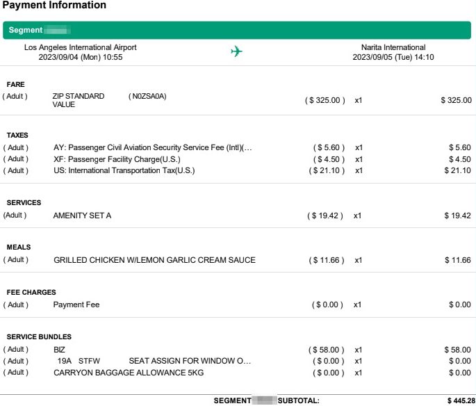 zipair economy booking payment summary