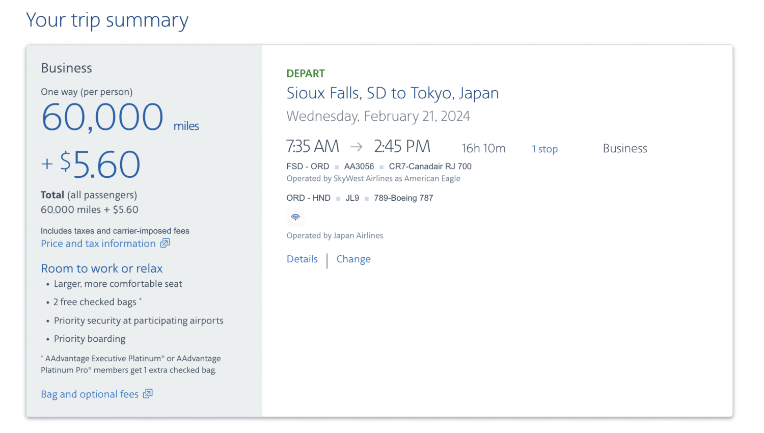 Japan Airlines Business Class FSD-HND