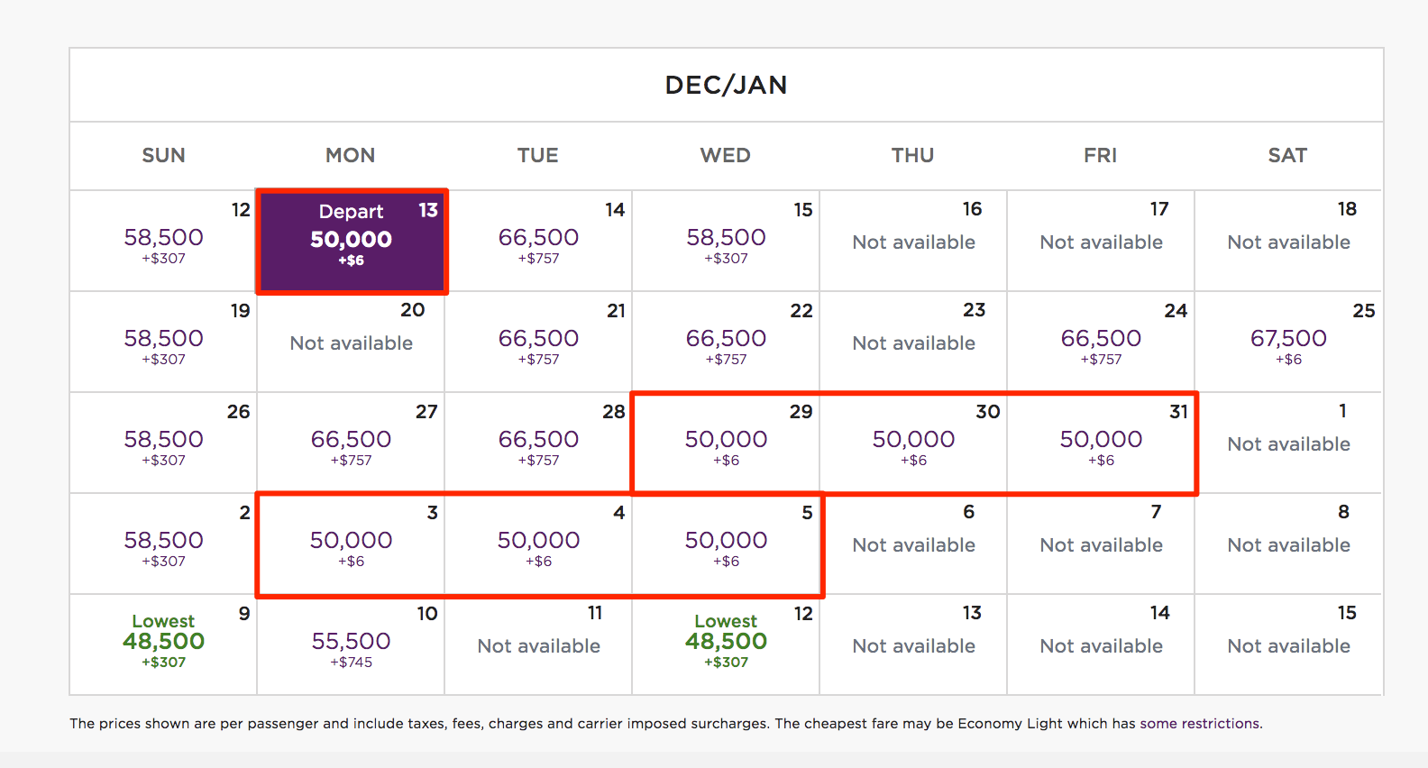 virgin Atlantic award pricing calendar view