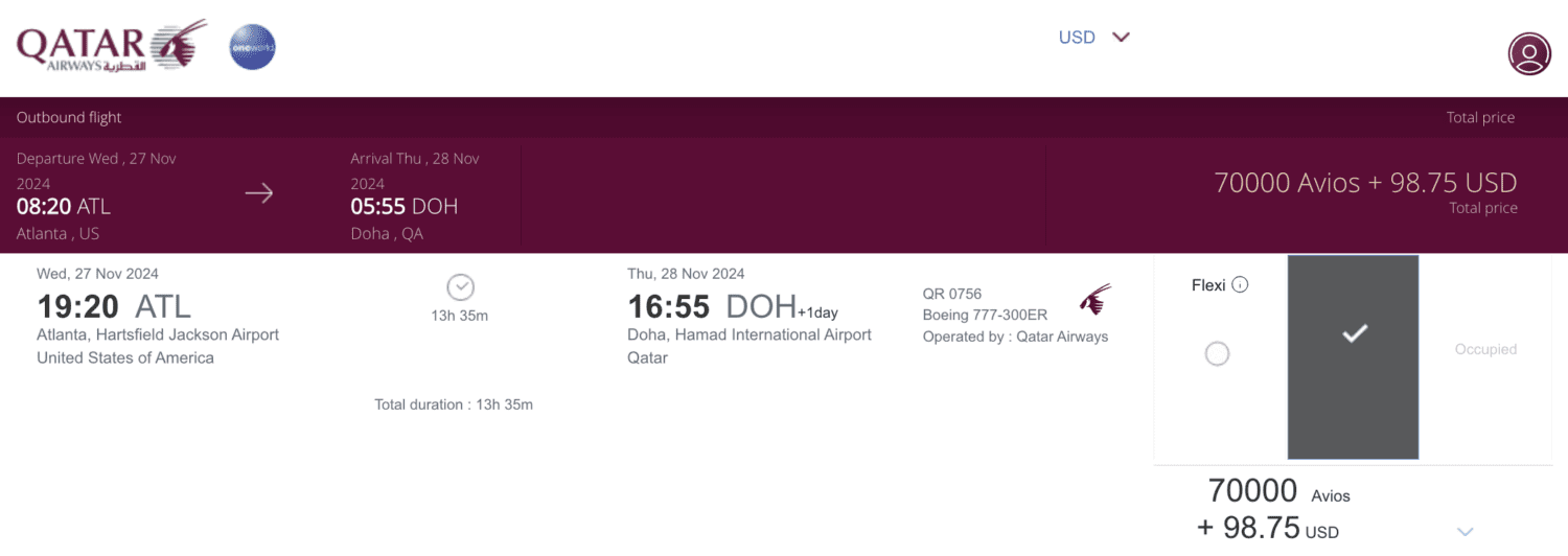 Qatar Avios ATL to DOH 