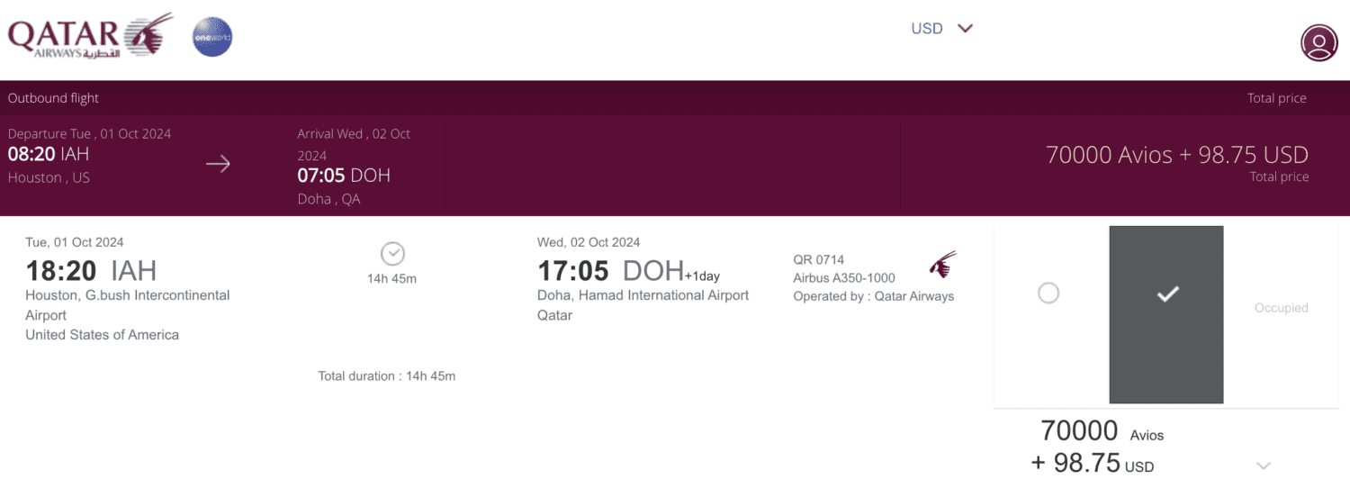 Qatar Avios IAH to DOH Oct 1