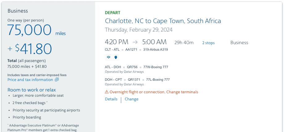 qsuites charlotte to cape town