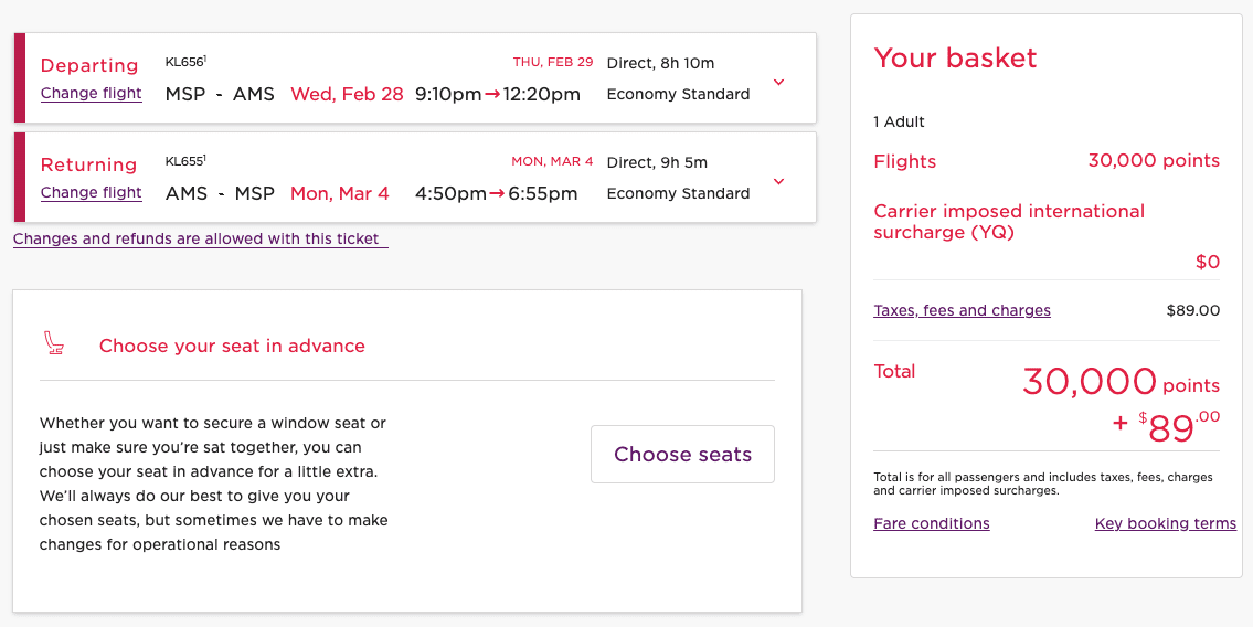 MSP-AMS award booking through Virgin