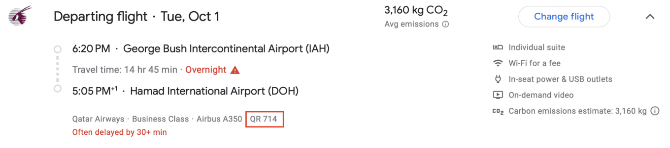 IAH to DOH Qsuite Google flights